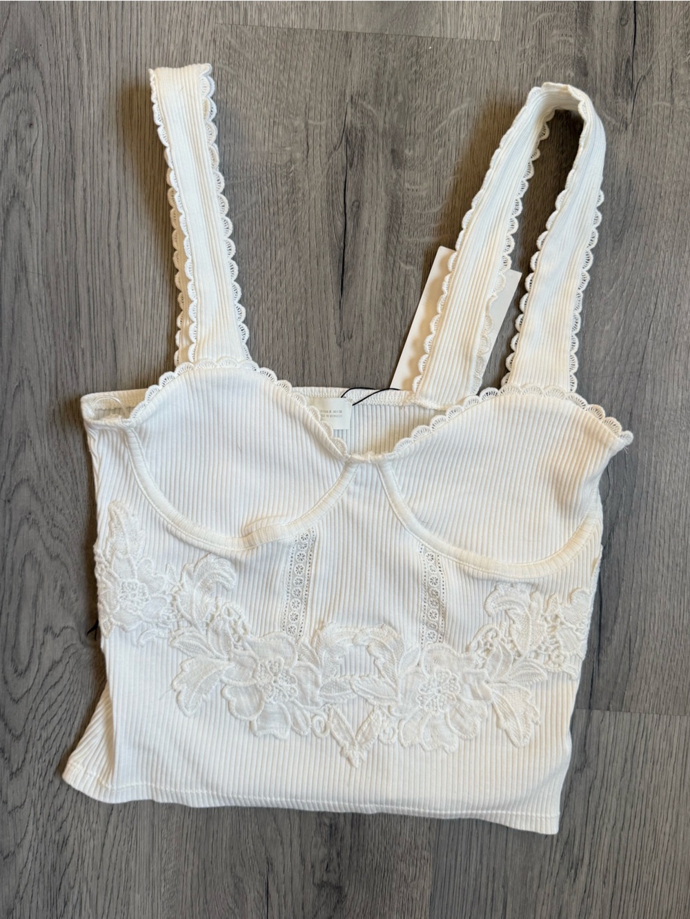 Zara White Ribbed Lace Appliqué Bustier Tank Top